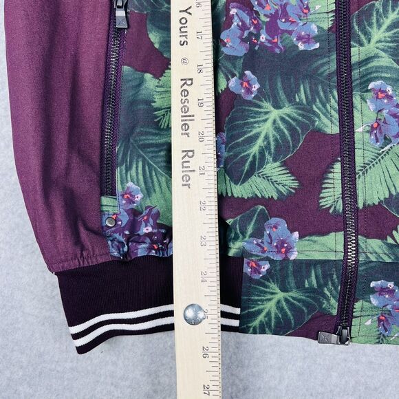 GSTQ Jacket Mens Medium Burgundy Green Floral Bomber Varsity Lightweight Zip Up - Picture 12 of 15